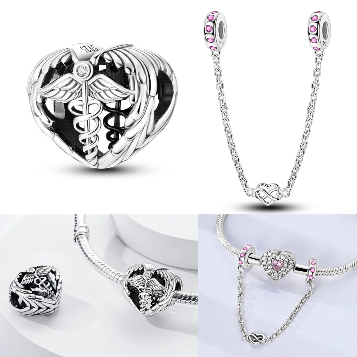 

925 Sterling Silver Angel Guardian Charms Bead Infinite Love Safety Chain Fit Original Bracelet DIY Women Jewelry Gift