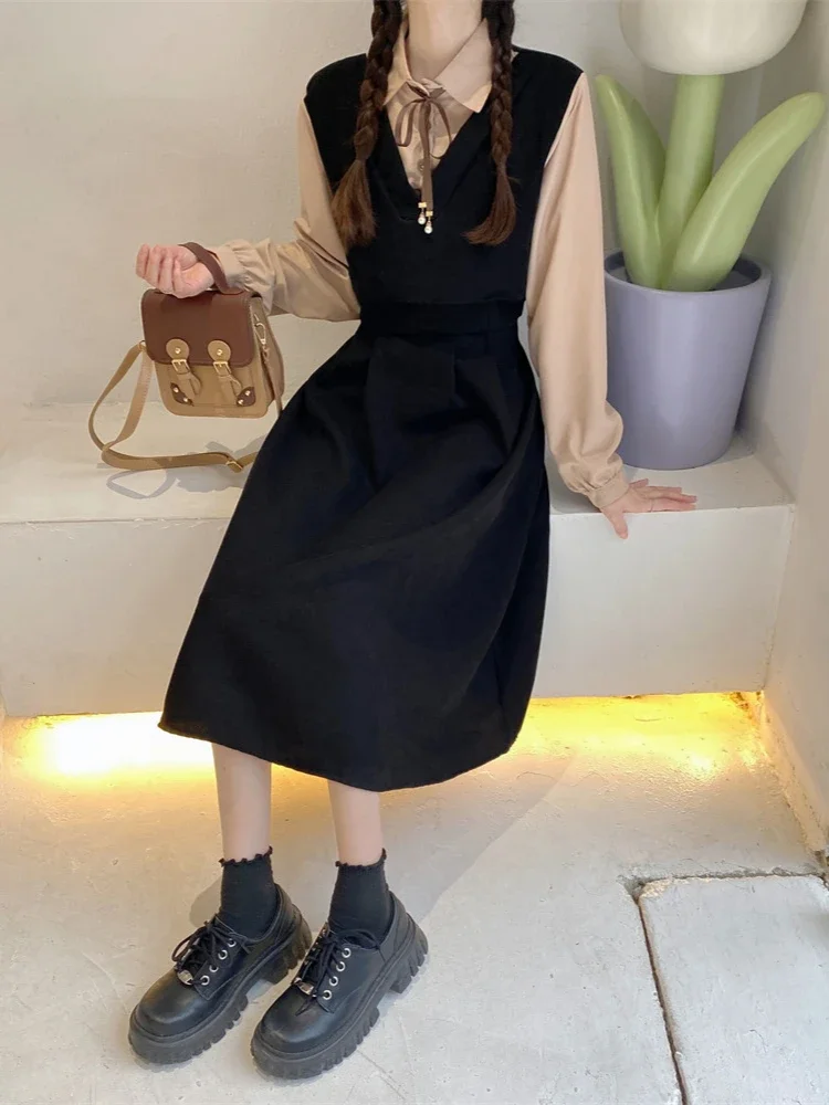 Vestidos de veludo vintage femininos preppy falsos duas peças reduzindo a idade outono moda coreana rendas roupas estéticas diariamente ins