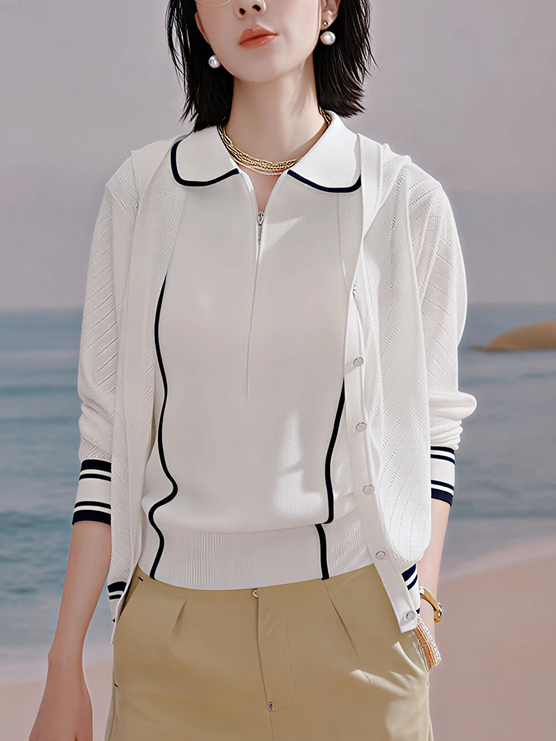 

Korean Sle Simple Ele Faion Hollow out High-End Long Sve Knitted Open Cardigan Autumn New Trendy Top Women's Cam...