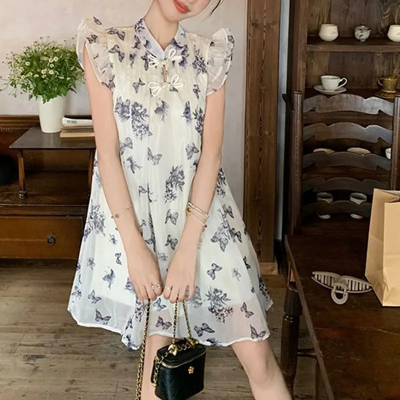 

Butterfly Halo Dyeing Dresses Women's Clothing Sweet Flying Sleeve Summer Fashion Chinese Disc Buckle Folds Loose Midi Dress New