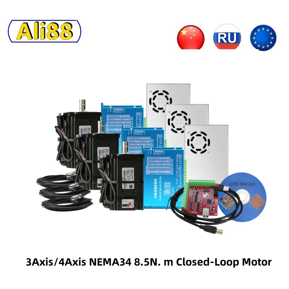 

3/4Axis CNC Nema34 Hybrid Servo Motor Kit：Closed Loop Stepper Motor 8.5N.m With Driver HBS860H/HBS86H +MACH3 USB Interface Board