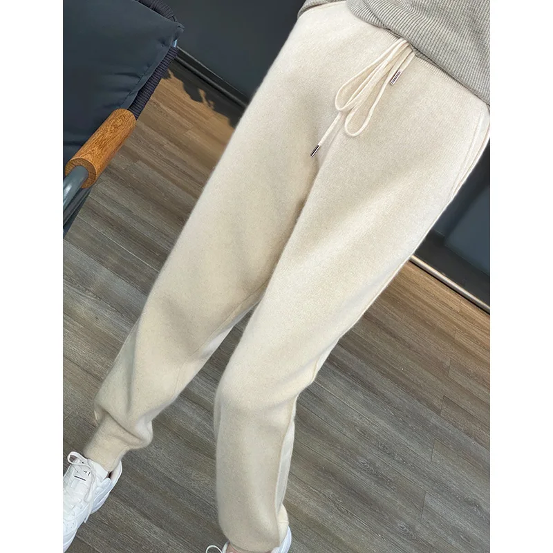 LDZWSM 2024 New Merino Wool Pants Ladies High Waist Wide Leg Pants Casual Knitted Trousers Loose Women's Pants