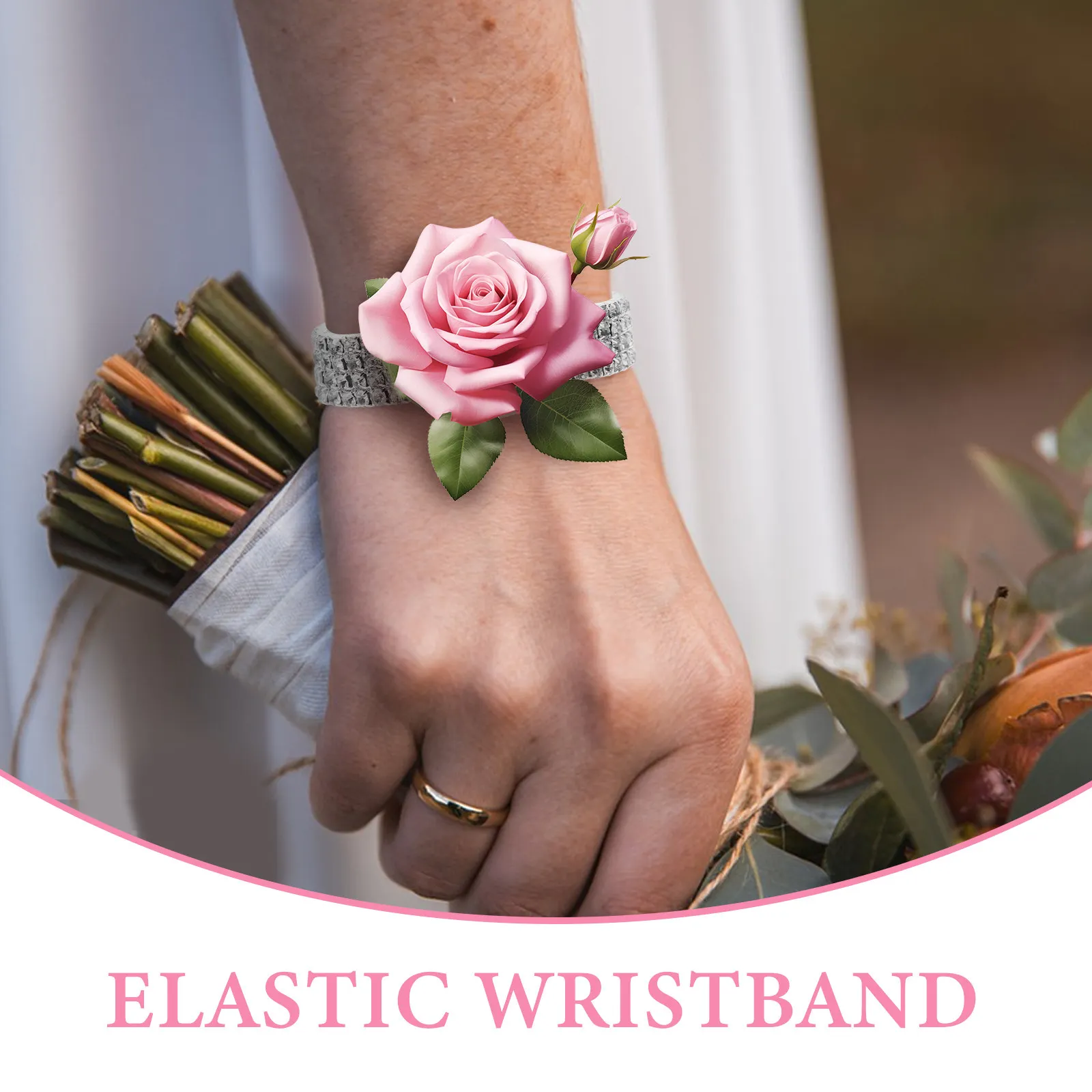 4Pcs Rhinestone Elastic Wrist Corsage Bracelet Wedding Prom Anniversary Bridal Shower Party Decoration Boutonniere Magnet view 5