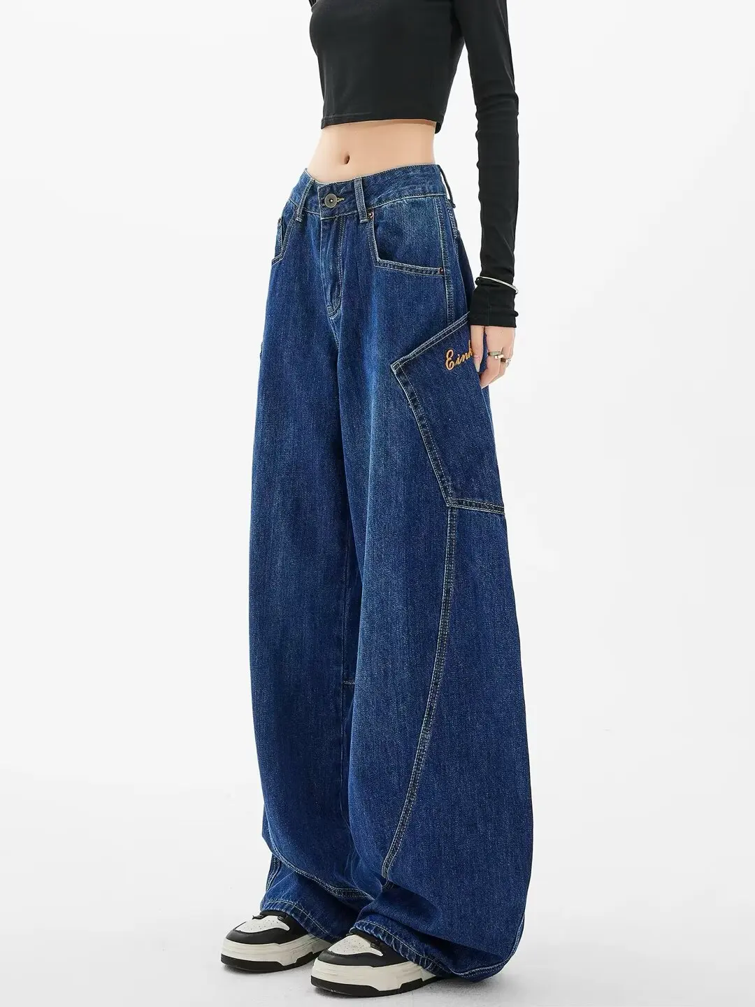 Vintage y2k denim calças compridas mulheres jeans calças de perna larga fino ajuste cintura alta calças retas streetwear casual splice jeans