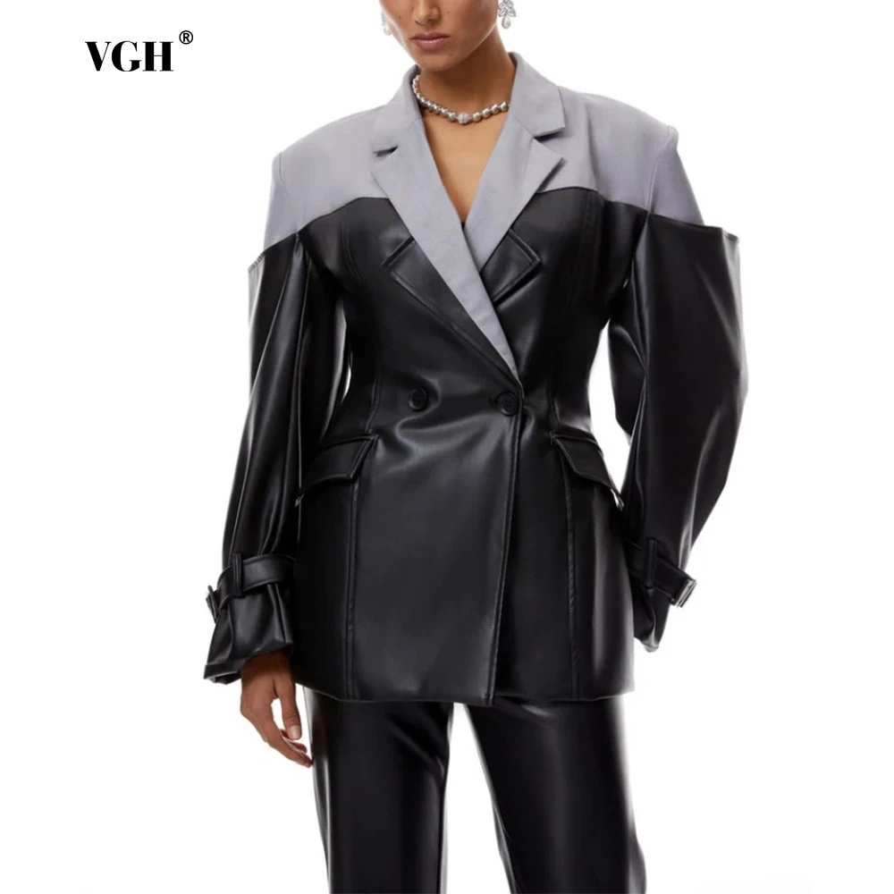 

VGH Streetwear Vintage Spliced Leather Jacket for Women Notched Collar Shoulder Pud Long Sleeve Hit Color Designer Coats Female