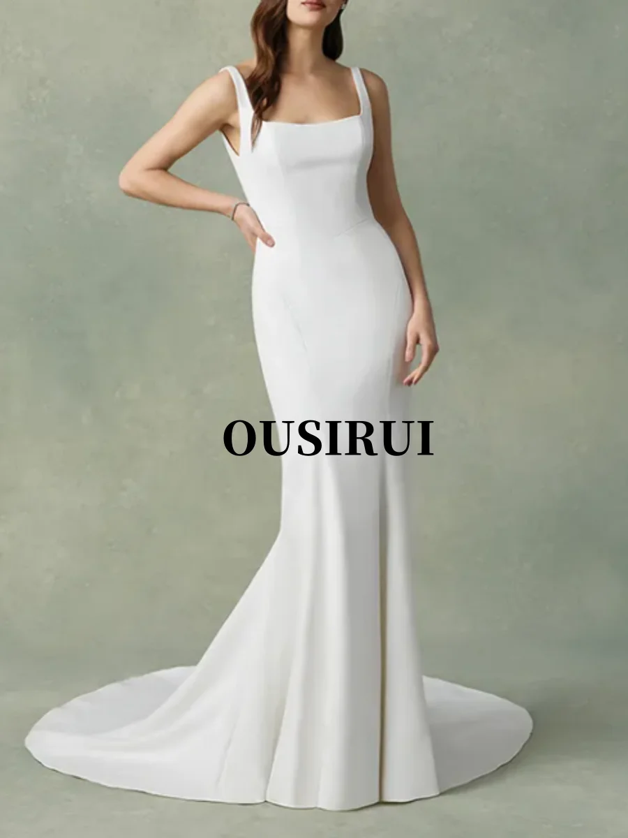 

OUSIRUI White Square Neck Train Skirt Waist Dreese Wedding Dress Satin Simple Button-Up Woman Bag Hip Bridesmaid Mature Pleated