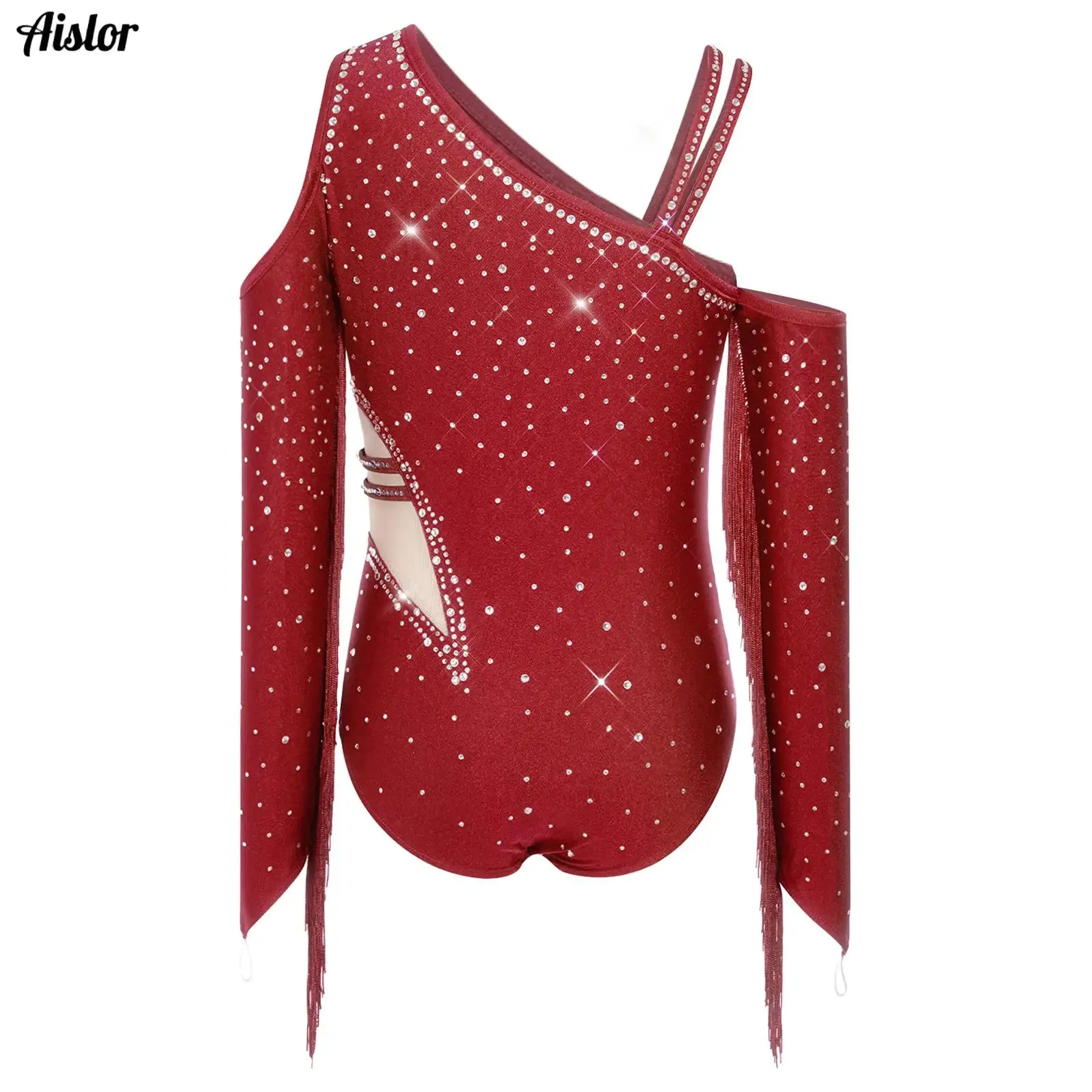 

Girls Latin Dance Competition Clothing Shining Rhinestones Tassels Long Sleeves Dance Dress Kids Rumba Dance Practice Training