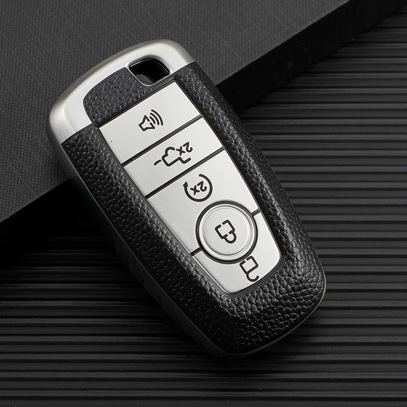 Leather Car Remote Key Case For Ford Fusion Mustang F-150 F-250 F-350 F-450 F-550 2017 - 2020 Cover Keyless Fob Shell