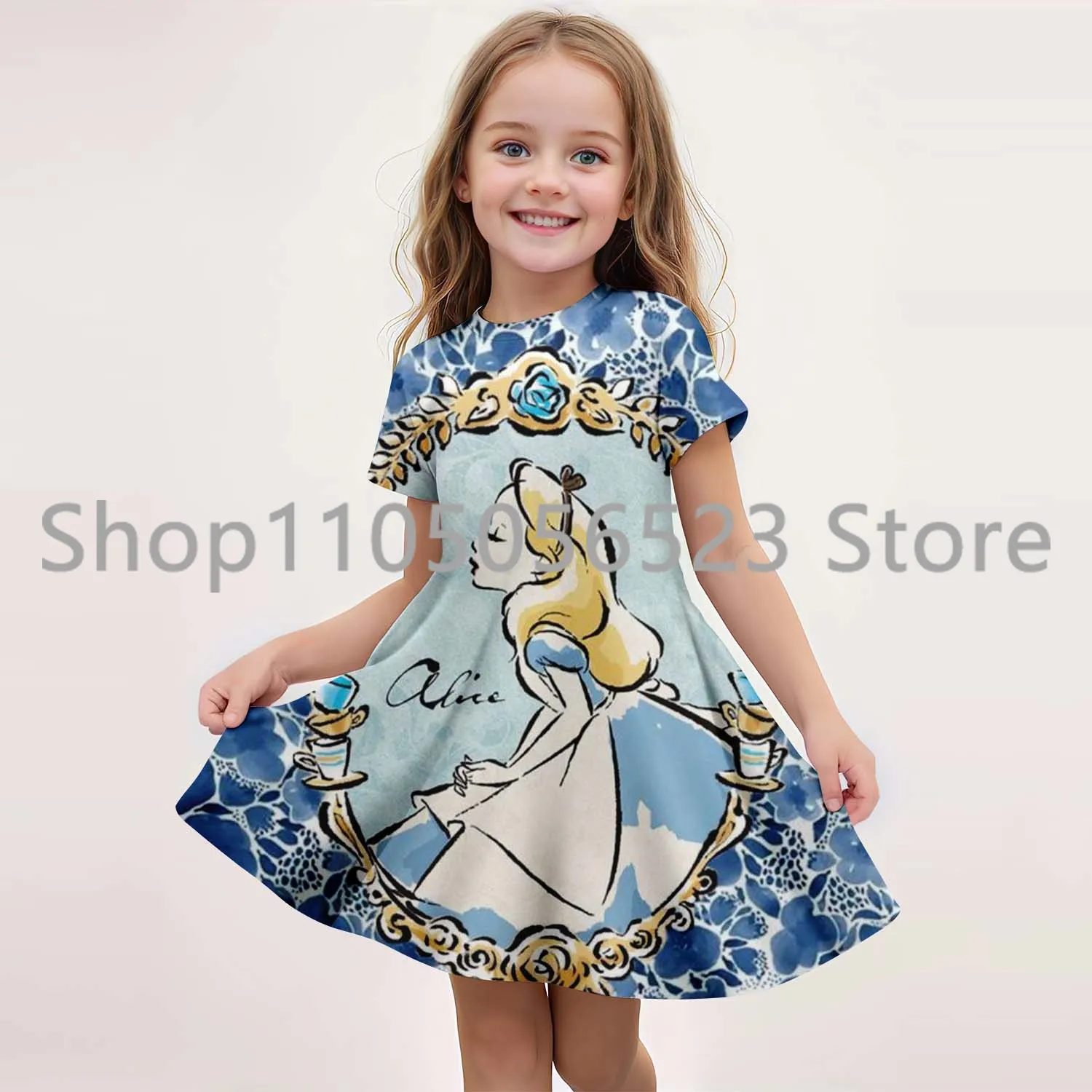 

MINISO New Summer Girls Dress Fashion Cartoon Cute Alice in Winderland 3D Printing Dress Kid Short Sleeve Princess Clothing