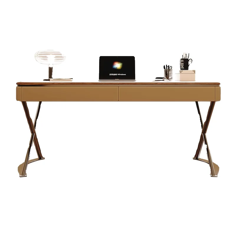 

Saddle leather solid wood desk light luxury modern simple bedroom high sense writing desk home study office computer desk