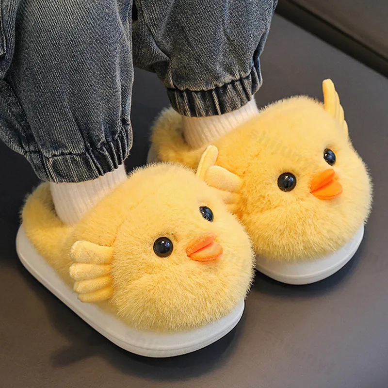 

Children Slippers Cute Chicken Fluffy 2025 Winter New Cotton Slippers Warm Comfortable Indoor Cartoon Plush Floor House Slippers