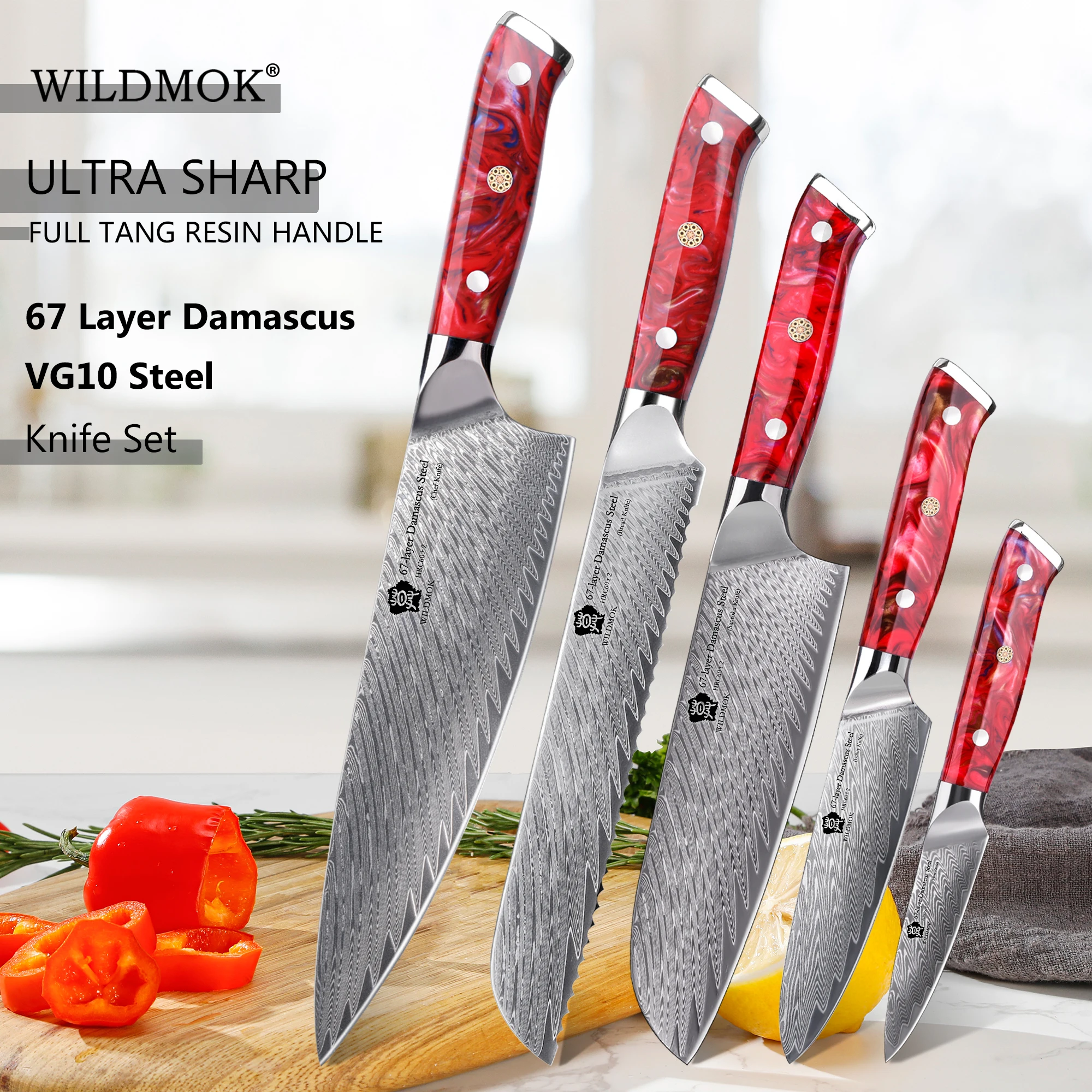 

WILDMOK Damascus Kitchen Knife Set 5 Pcs ,Sharp Japanese Steel Blades,Full Tang Resin Handle with Gift Box