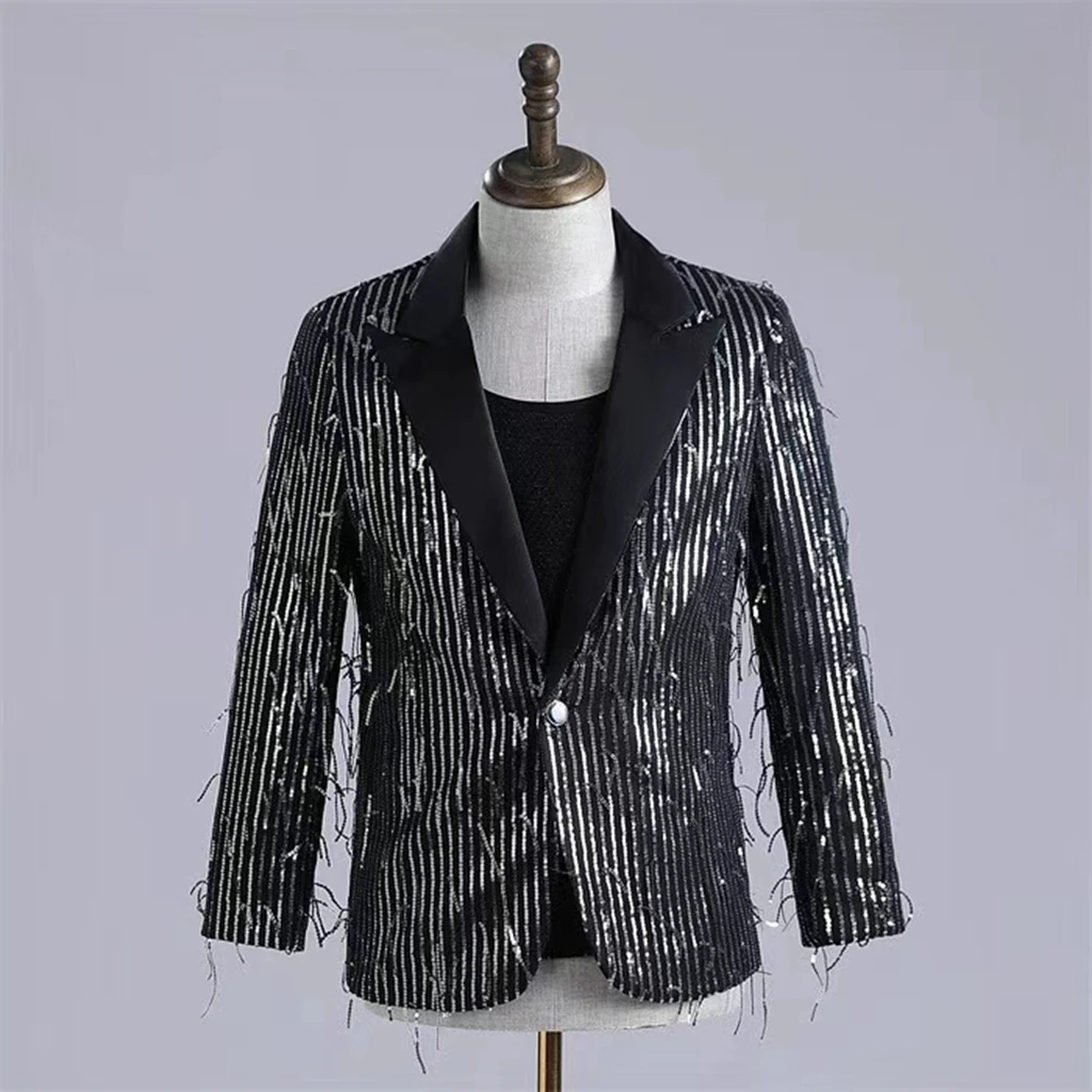 

Color Blocking Tassel Sequin Suit Jacket Male Singer Dance Team Stage Performance Clothing Guest Banquet Host Costume