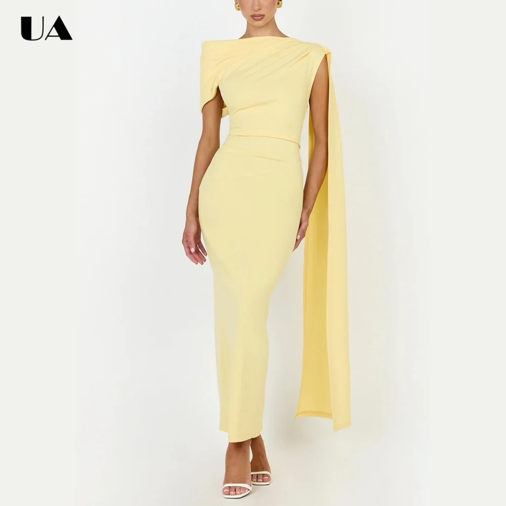 

ULBYANRY Elegant Solid Sheath One-shoulder Prom Dress, Fashionable Boat Neck Evening Dress, Customized Draped Long Party Dress