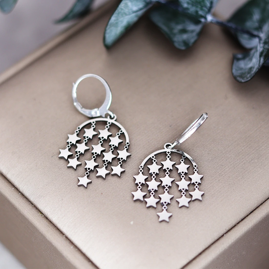 QIAMNI Star Pendant Hoop Earrings Fashion Party Wedding Piercing Jewelry Stainless Steel Dangle Drop Earrings for Women Girls