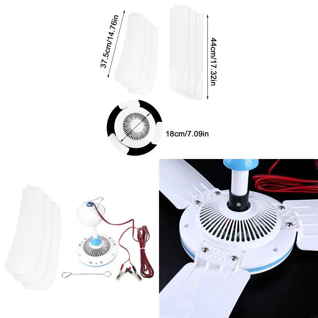J1HF 3 Silent 12V Ceiling Fan with 4.5m Cable 36” Hanging Camping Tent