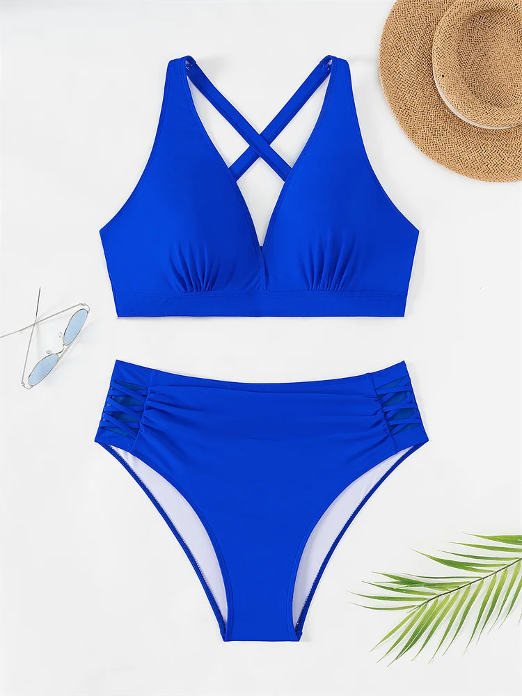 Maillot de bain pour femmes, bikini, taille haute, col en V, ensemble deux pièces, culotte tanga, sexy, tenue de plage, grande taille, nouvelle