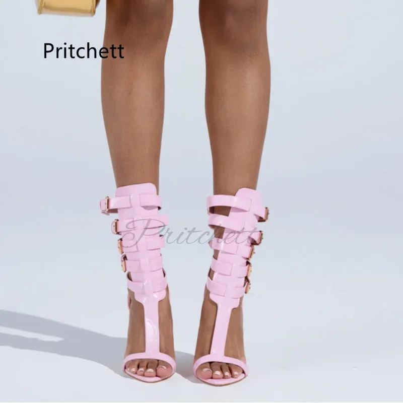 Sandali gladiatore con cinturini a T bianchi rosa per donna Fibbie per cinture open toe Scarpe da festa estive con tacco alto in pelle con tacco a spillo