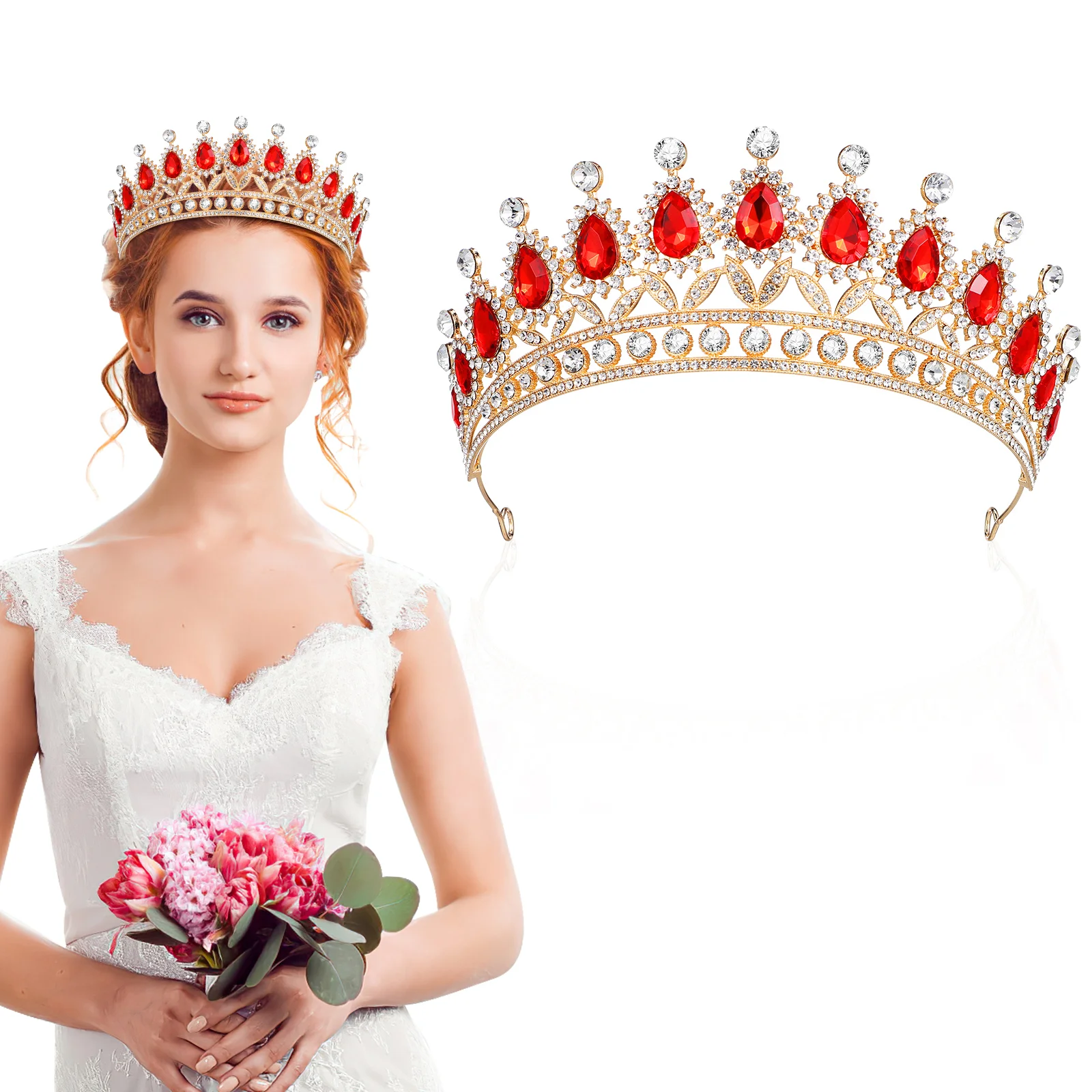 Wedding Decor Water Drop Diamond Crown Tiara Hair Accessories for Women Heart-shaped Bridal Tiaras Red Bride