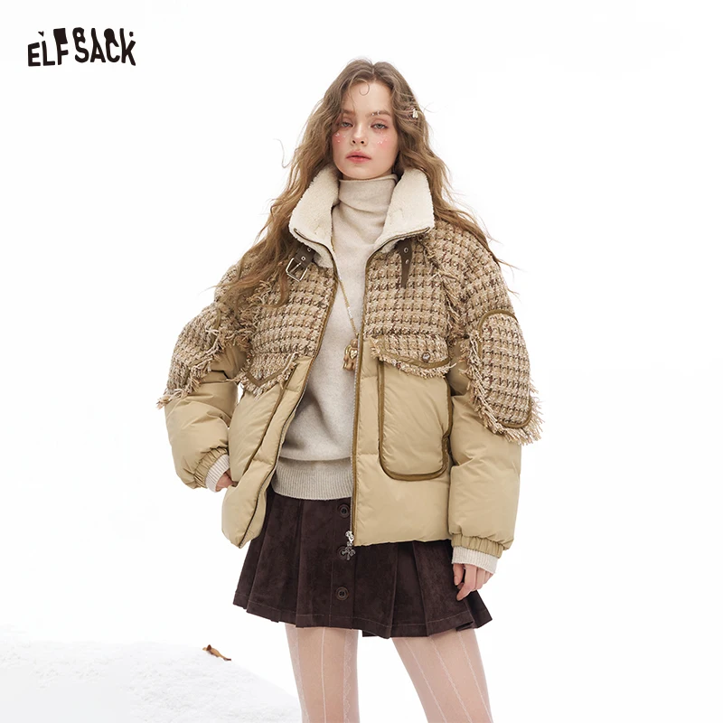 

ELFSACK 2025 Winter New Arrivals Y2K Casual Stripe Patchwork Design Convertible Collar Belted Down Jacket For Women