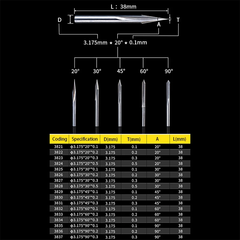 1Pcs 2 Flutes V Tip End Mill 3.175mm Shank Double Blade Straight Groove CNC Engraving Bit Sharp Carving Tool For Woodworking