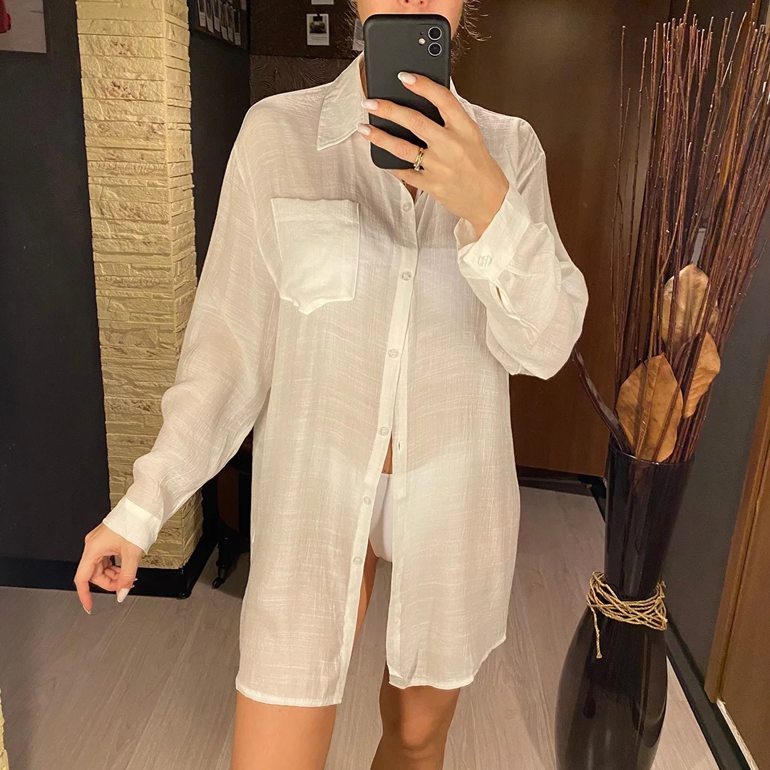 Neues Langarm-Hemd, Tunika, Strandkleid, Strandbekleidung, Strand-Cover-Up, lässiges Oberteil, weißes Pareo, Damen, V4157 – Detail 3