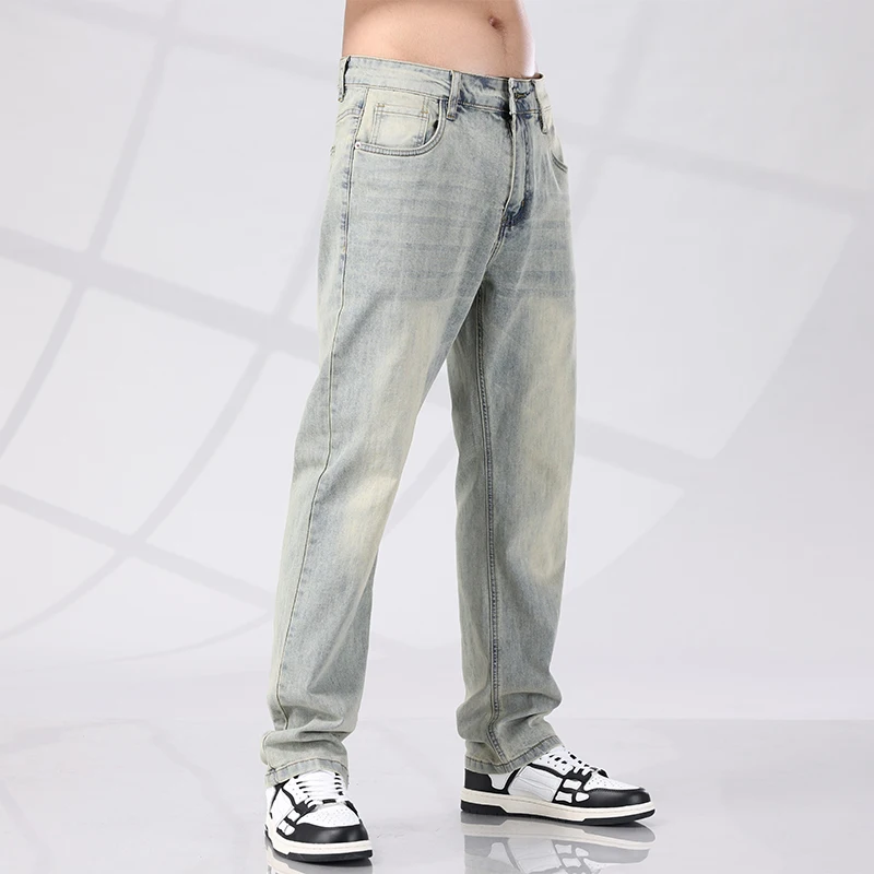 

Новые летние мужские синие свободные прямые джинсы в стиле ретро, ​​стильные повседневные джинсовые брюки из эластичной ткани, корейские уличные трендовые брюки