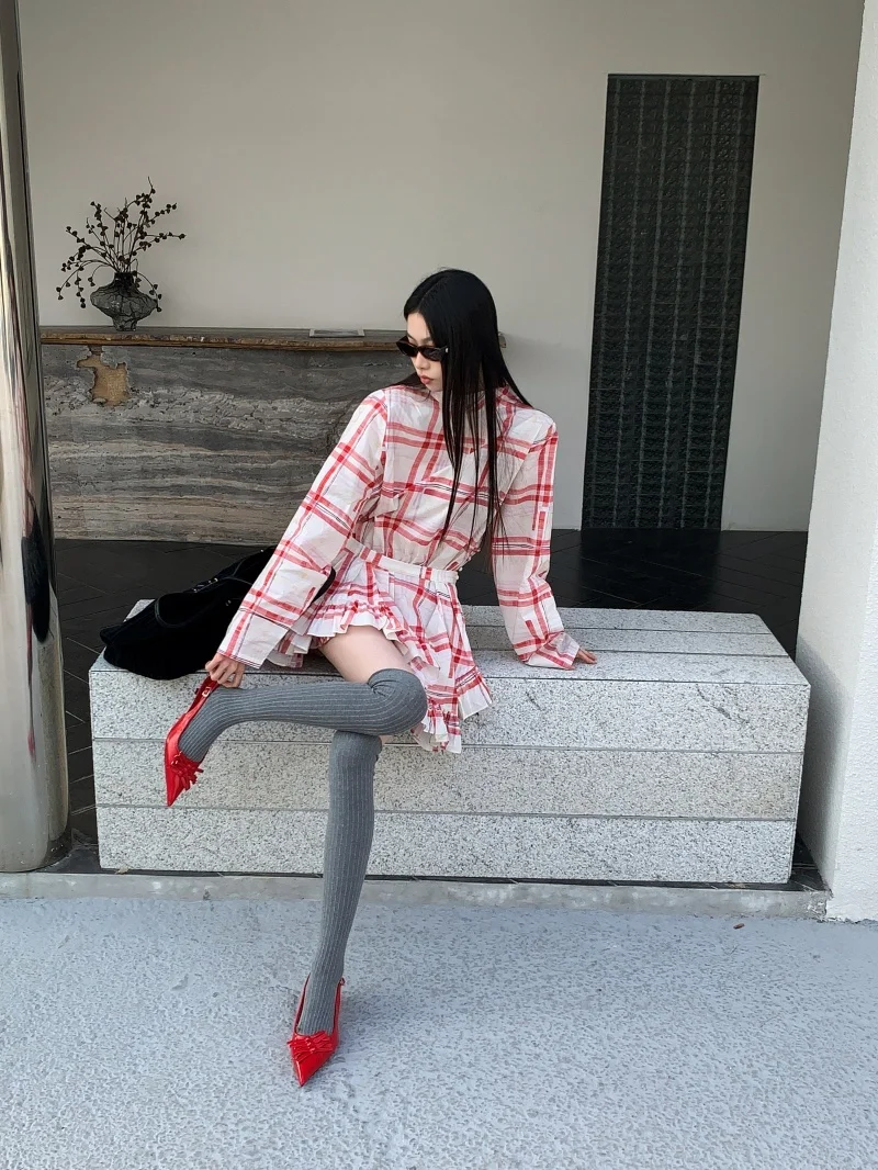 Women's retro red checkered irregular low waist fashionable high-end design sense girl's shirt mini dress 2025