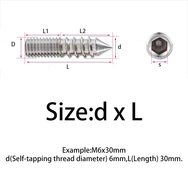 M4 M5 M6 M8 M10 Stainless Steel Hexagon Socket Double Head Pointed Tail Self Tapping Screw Furniture Fixing Self Tapping Screws