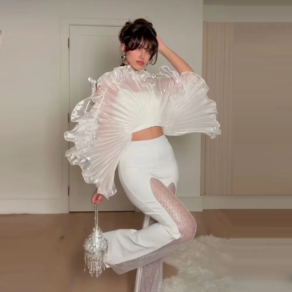 

Couture Female Jacket Folded Women Top Long Sleeves Pretty Top Draped See Through Birthday Jacekt Puff Sleeves Girls Top