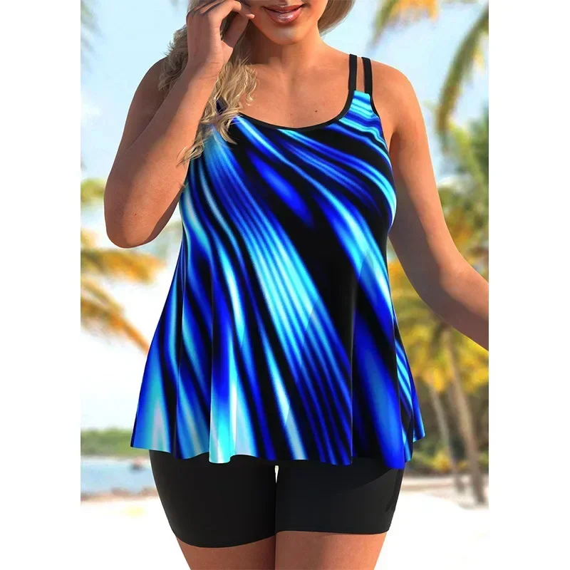 

2025 Plus Size Striped Print Tankini Women Two Pieces Trikini Swimwear Push Up Swimsuit with Shorts Vintage Female