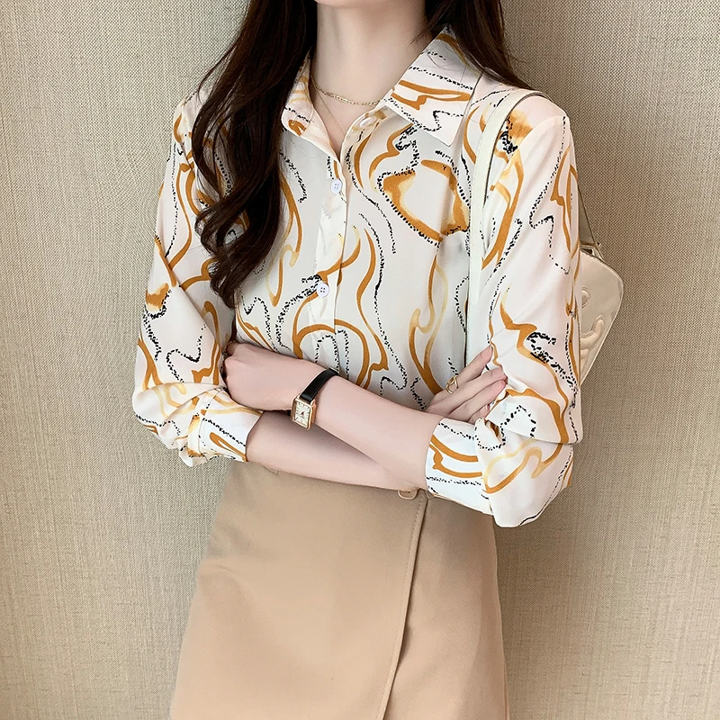 Women Spring Printing Korean Fashion Loose Chiffon All-match Shirts Women Clothes Casual Polo-Neck Long Sleeve Office Lady Tops