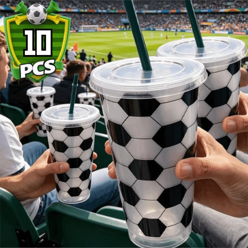 10PCS Food Grade 24OZ Soccer Pattern Straw Cups Large Capacity PP Soccer Themed Tumbler Reusable Single Layer Milk Tea Cup Party