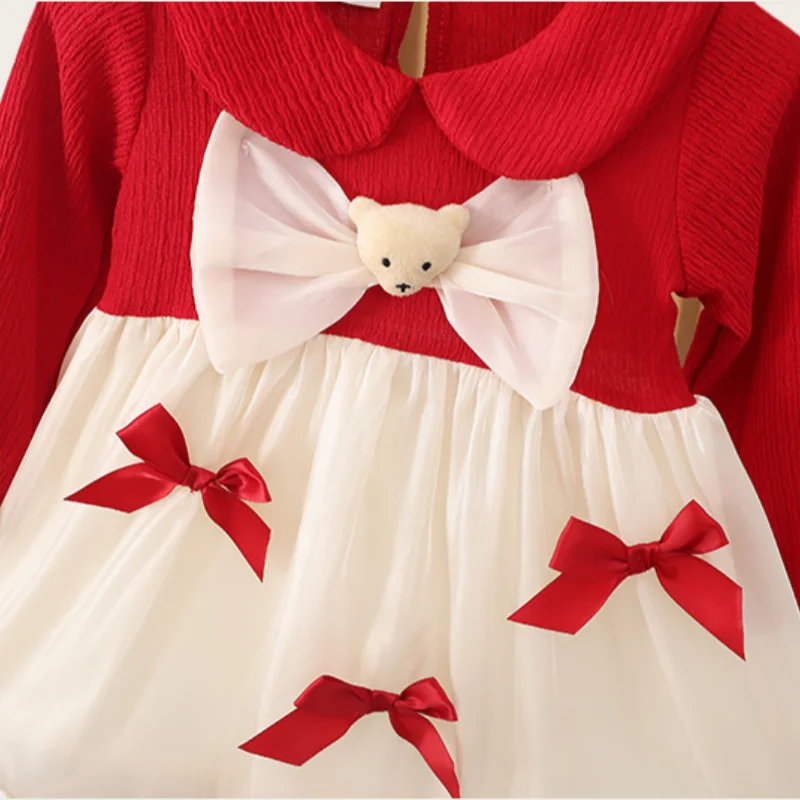 Girls\' Spring and Autumn New Korean Edition Cute Sweet Baby Cute Bear Bow Princess Dress Suitable for 9-36 Months