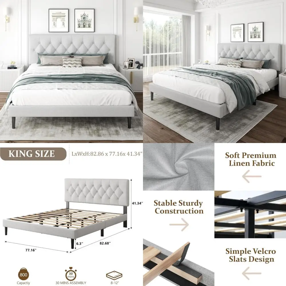 

King-Sized Upholstered Platform Bed with Button Tufted Headboard, Wooden Slat Support, No Box Spring Required, Easy Assembly