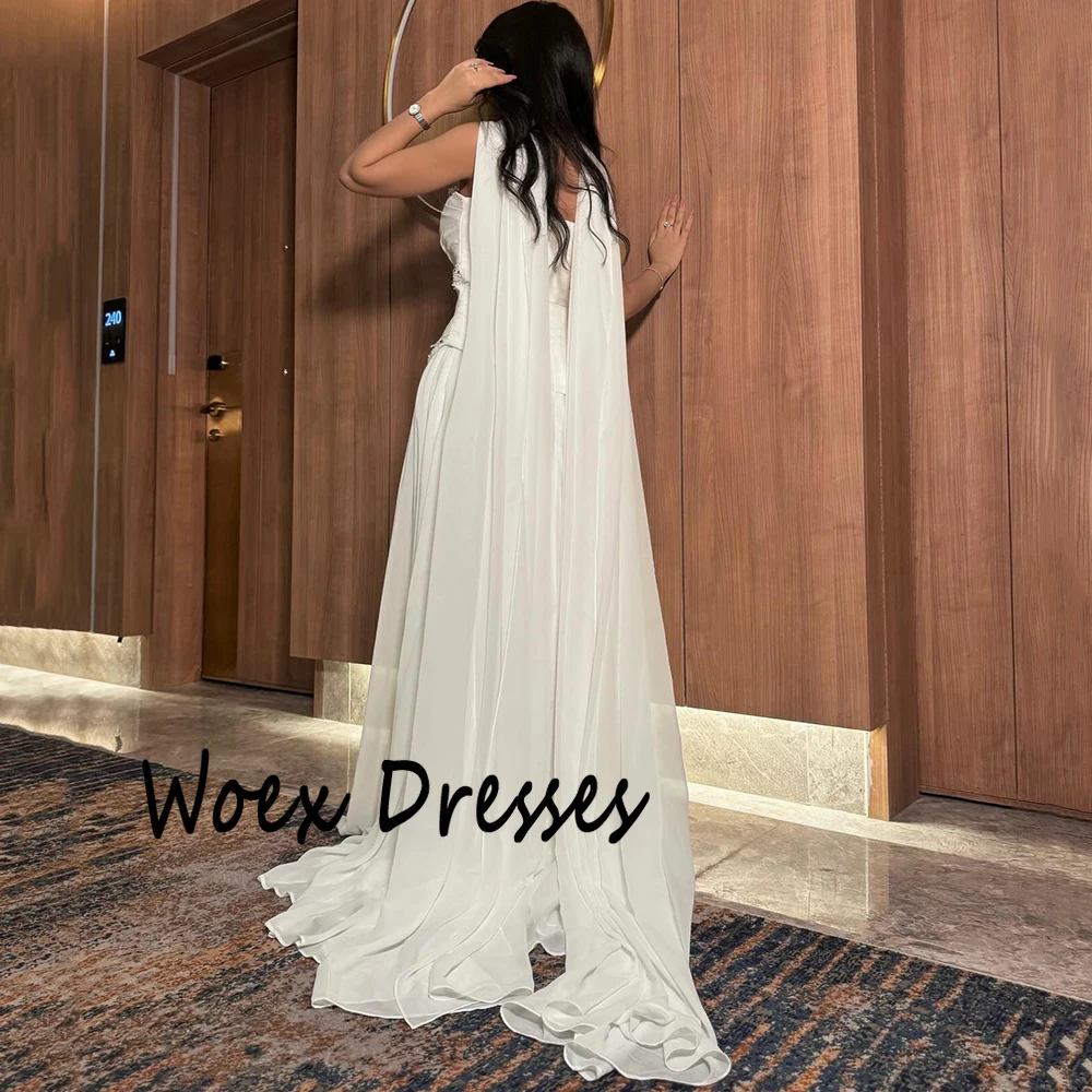 Customized Strapless White Chiffon A-line Evening Dress With Crystal Cape Backless Party Dress Sleeveless Floor Length Prom Gown