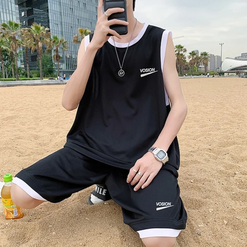 Basketball Uniform Sports Suit Men's 2023 Summer Preppy Korean Style Trend Loose Streetwear Versatile Two-piece Jersey