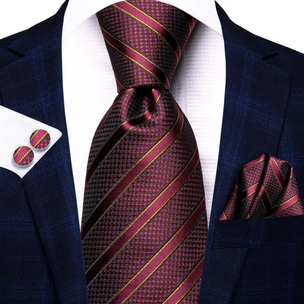 

2023 Burgundy Striped Dot Necktie Silk Elegent Tie For Men Fashion Brand Wedding Party Handky Cufflink Wholesale Hi-Tie Designer