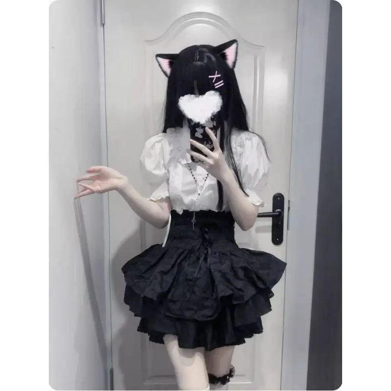 DEEPTOWN rok hitam Gotik celana pendek wanita Harajuku Jepang pinggang tinggi A-line perban busur seksi Vintage Mini rok Lolita e-girl