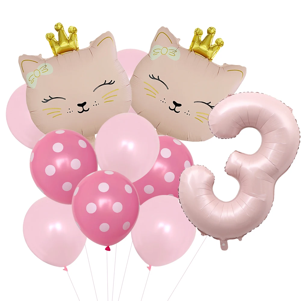 11 Pcs Pink Cat Crown Party Balloons Pet Cat Balloon Girl Baby Shower Birthday Party Decorations Kids Classic Toys Air Gift