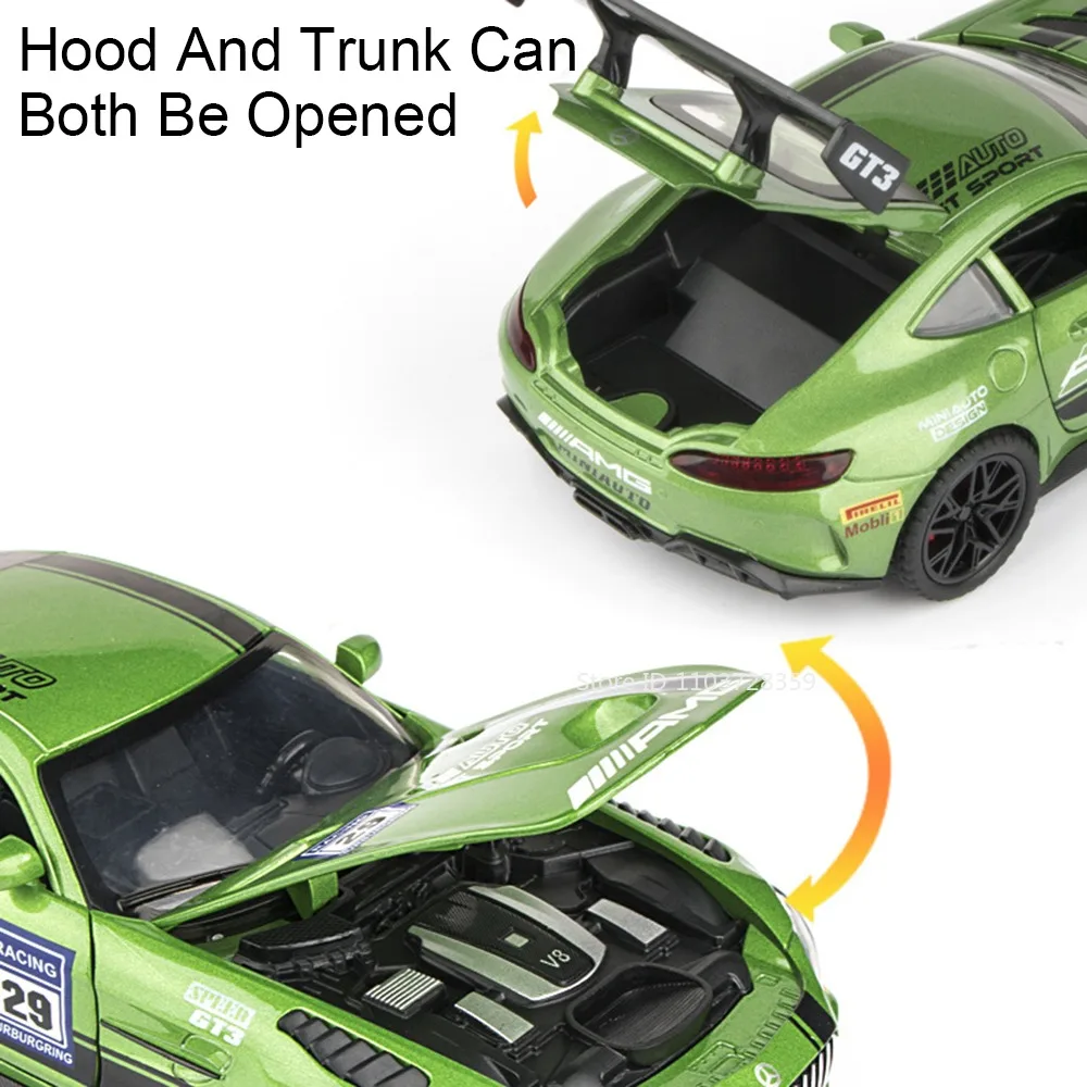Coche deportivo de juguete GTR GT3 1:32, modelos en miniatura de aleación, sonido fundido a presión, puertas ligeras, adorno abierto, supercarros para niños, regalos