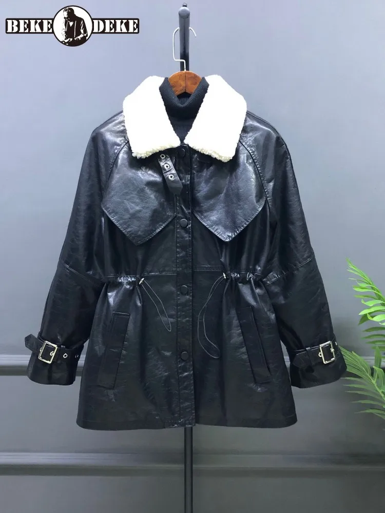 

Women Vintage Oil Wax Genuine Leather Down Coat New Winter Warm Real Wool Collar High Waist Loose Fit Office Mid Long Jacket