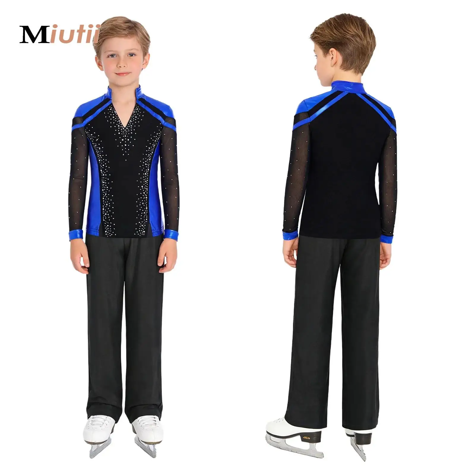 

Kids Boys Ballet Dance Set Figure Skating Stage Performance Costume Outfit Long Sleeve Shiny Rhinestones Top with Pants Outfits
