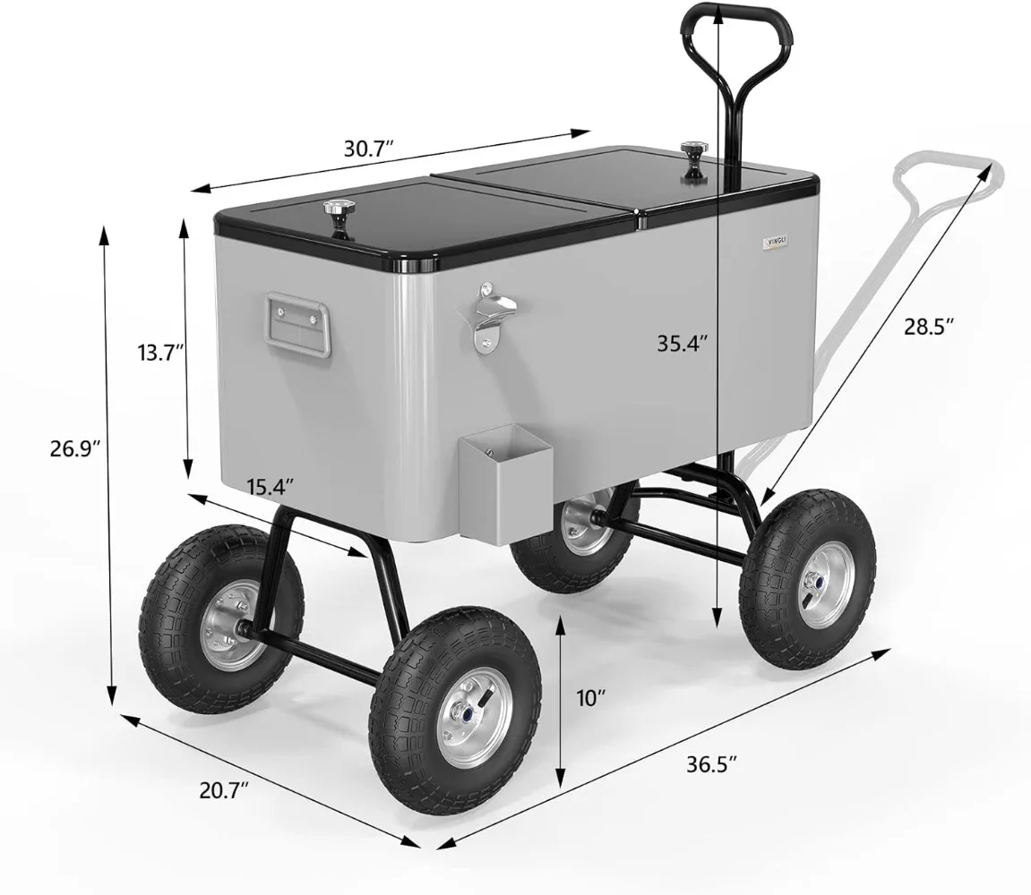 VINGLI-Wagon Rolling Cooler Ice Chest, portátil, Praia, Pátio, Festa, Bar, Bebida fria, Parque ao ar livre Carrinho sobre rodas, 80 Quart