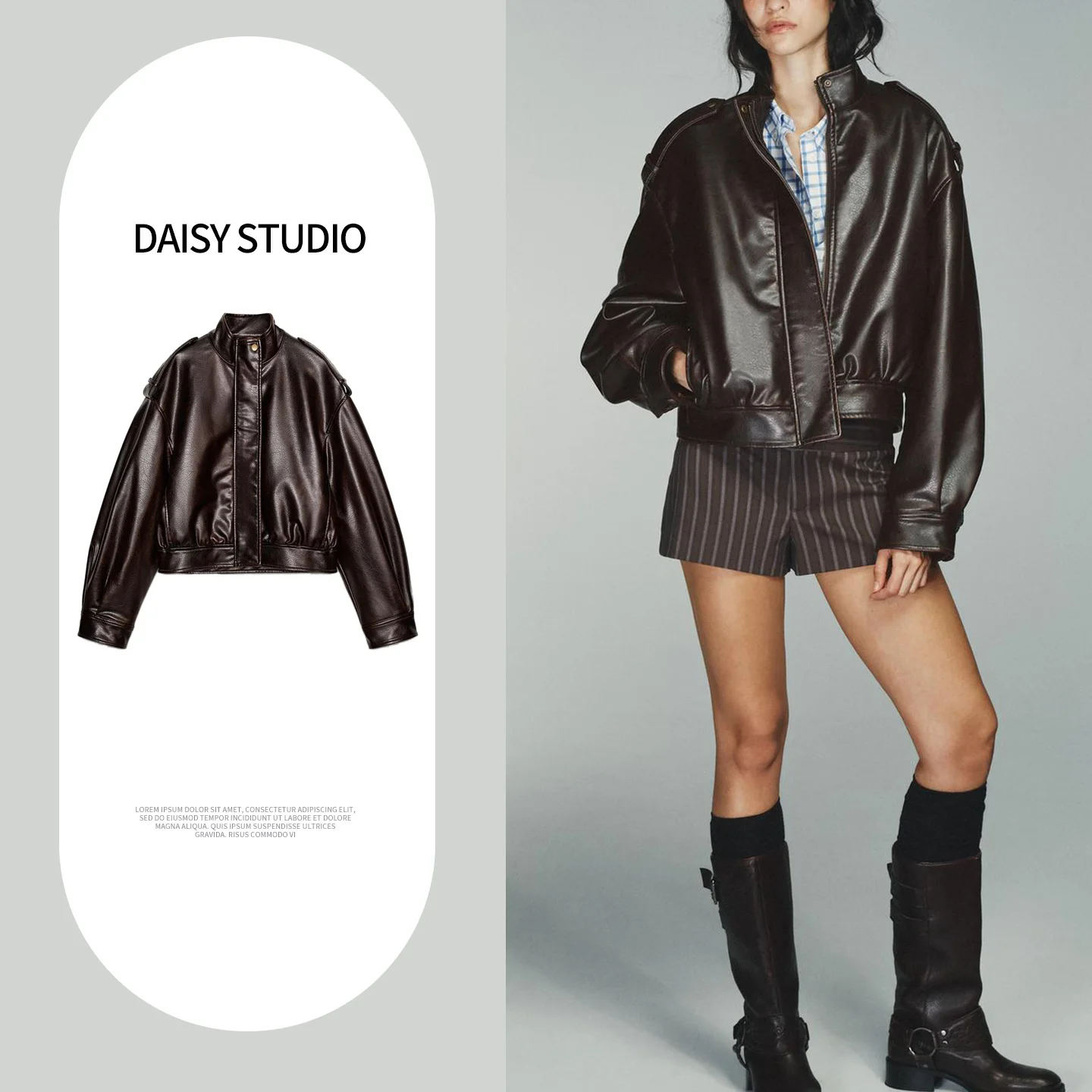 

Retro Style Zipper Long Sleeve Stand Collar PU Leather Effect Jacket Women's Spring Fashion Outerwear Elegant Coat