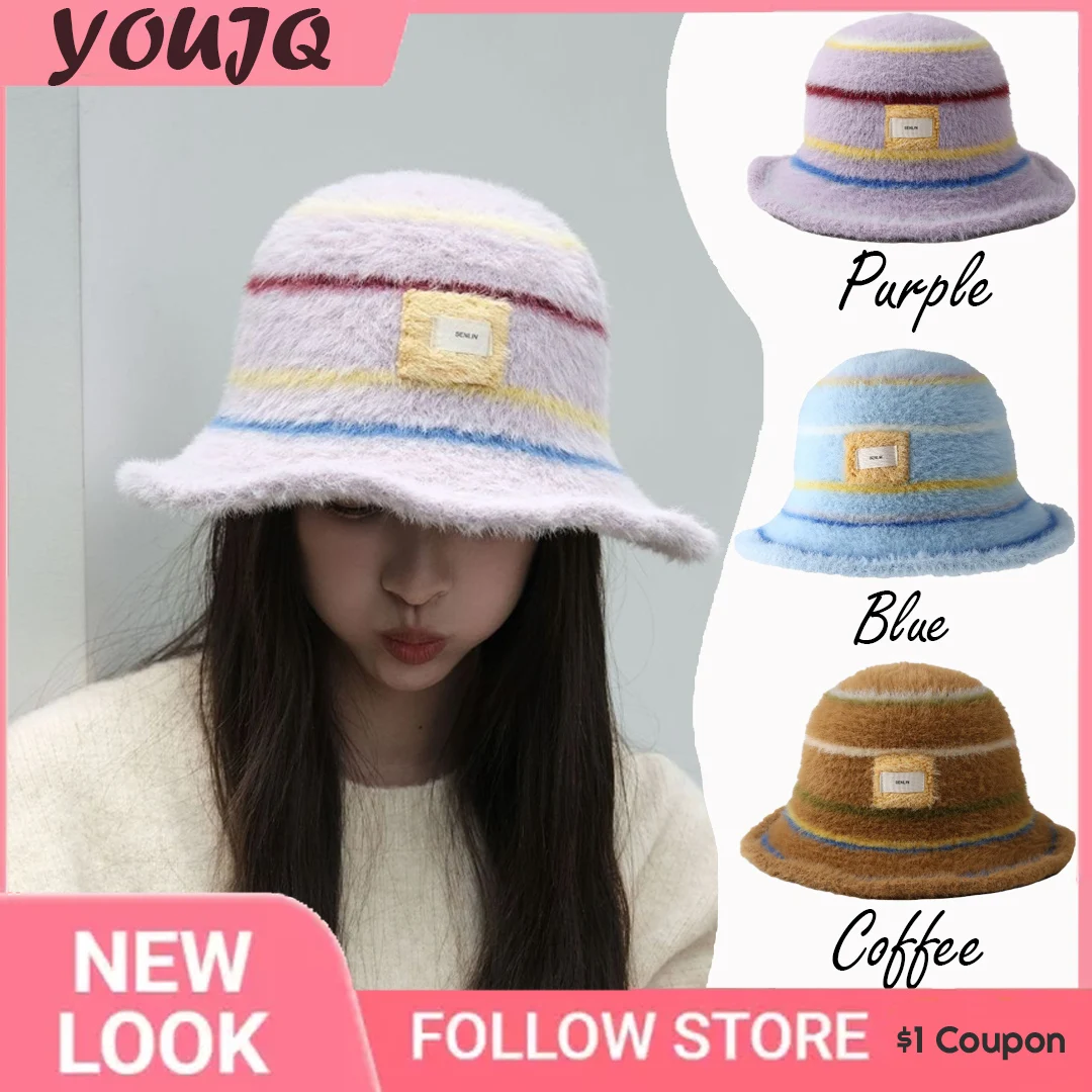 Imitation Sable Purple Plush Bucket Hats for Women Autumn Winter Korean Version Contrasting Color Warm Knitted Panama Cap Gorras