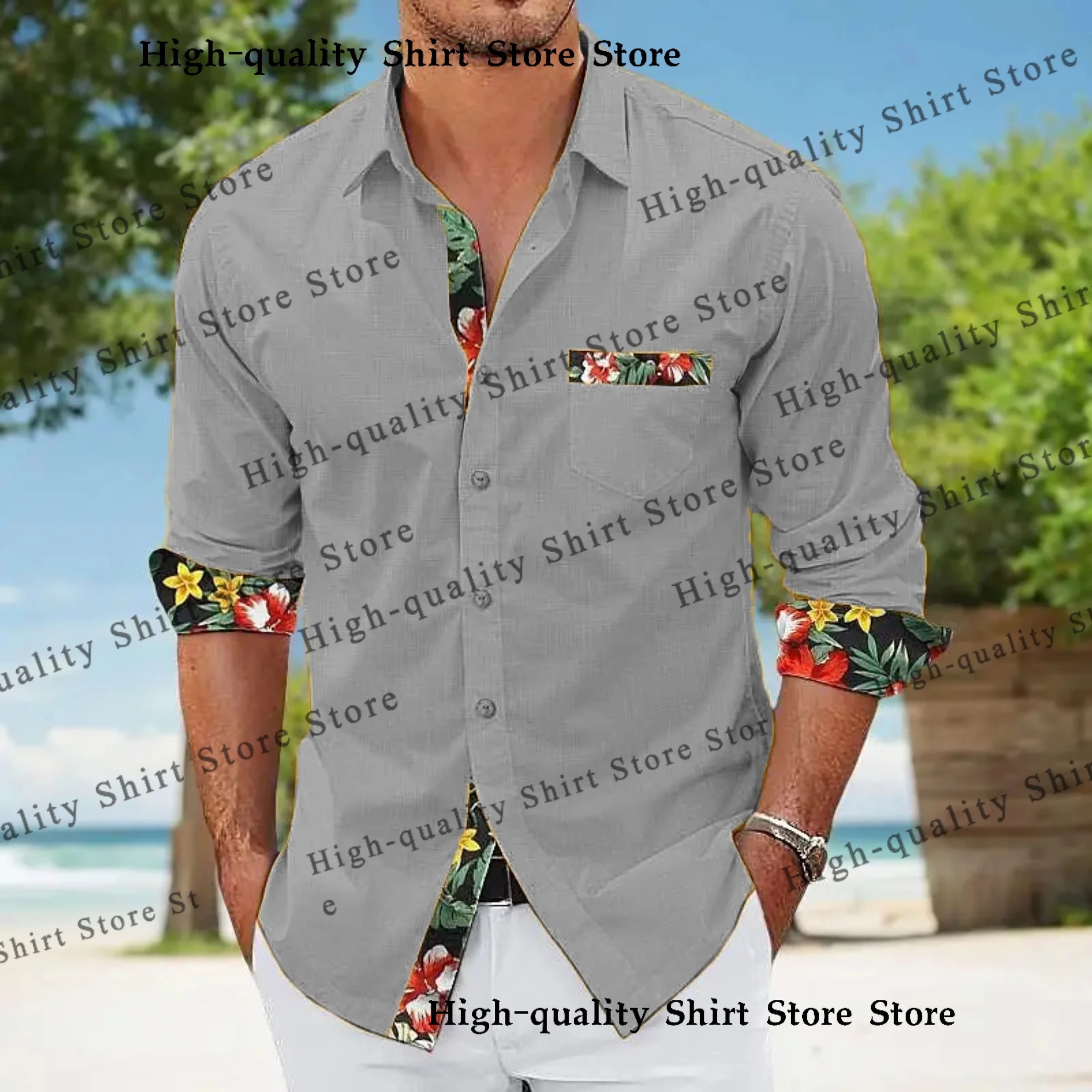 Men\'s shirt casual and comfortable summer Hawaiian beach shirt pocket floral collar top fashionable daily wear men\'s clothing