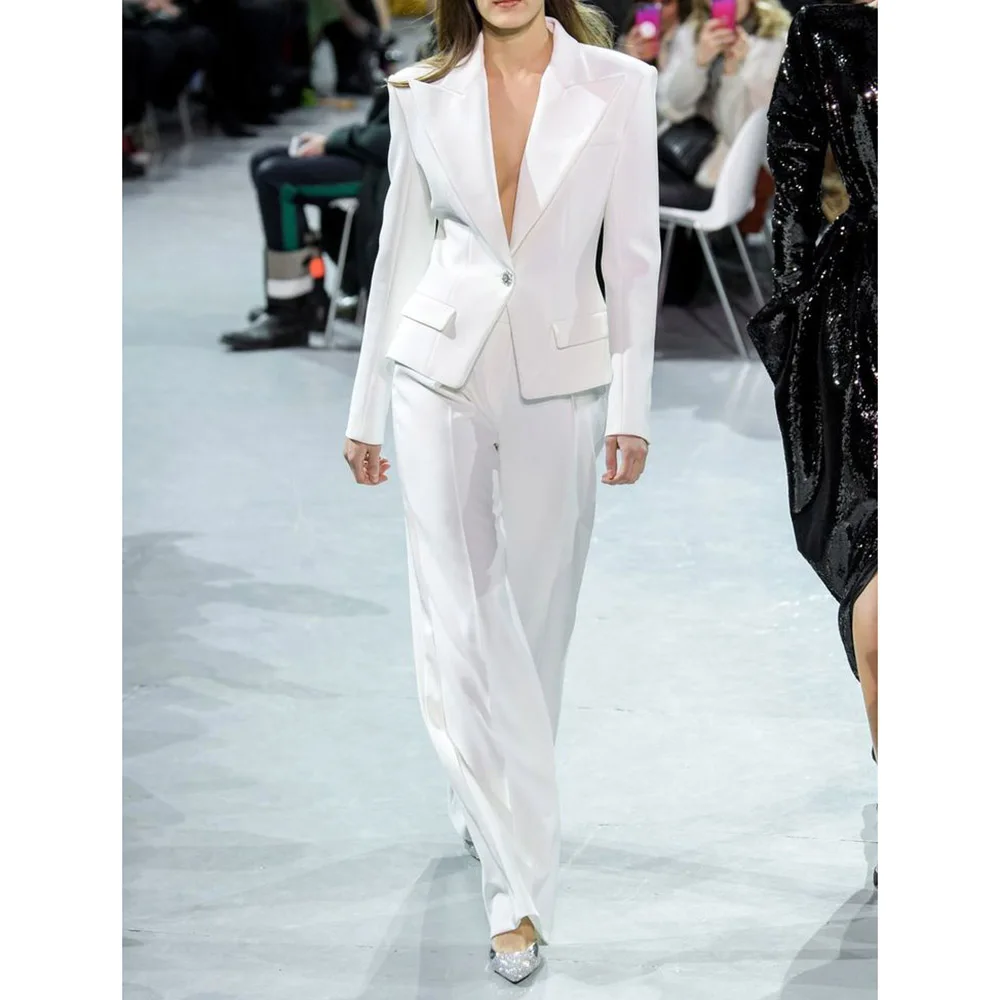 Completo da due pezzi da donna bianco elegante con un bottone e risvolto, giacca sottile, pantaloni, set da ufficio, lavoro, matrimonio, abbigliamento femminile