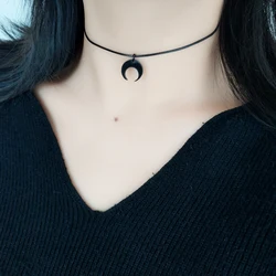 Dark tie Goth style Sweet cool cute black acrylic Moon Crescent Pendant choker neck with collar choker accessory necklace Women