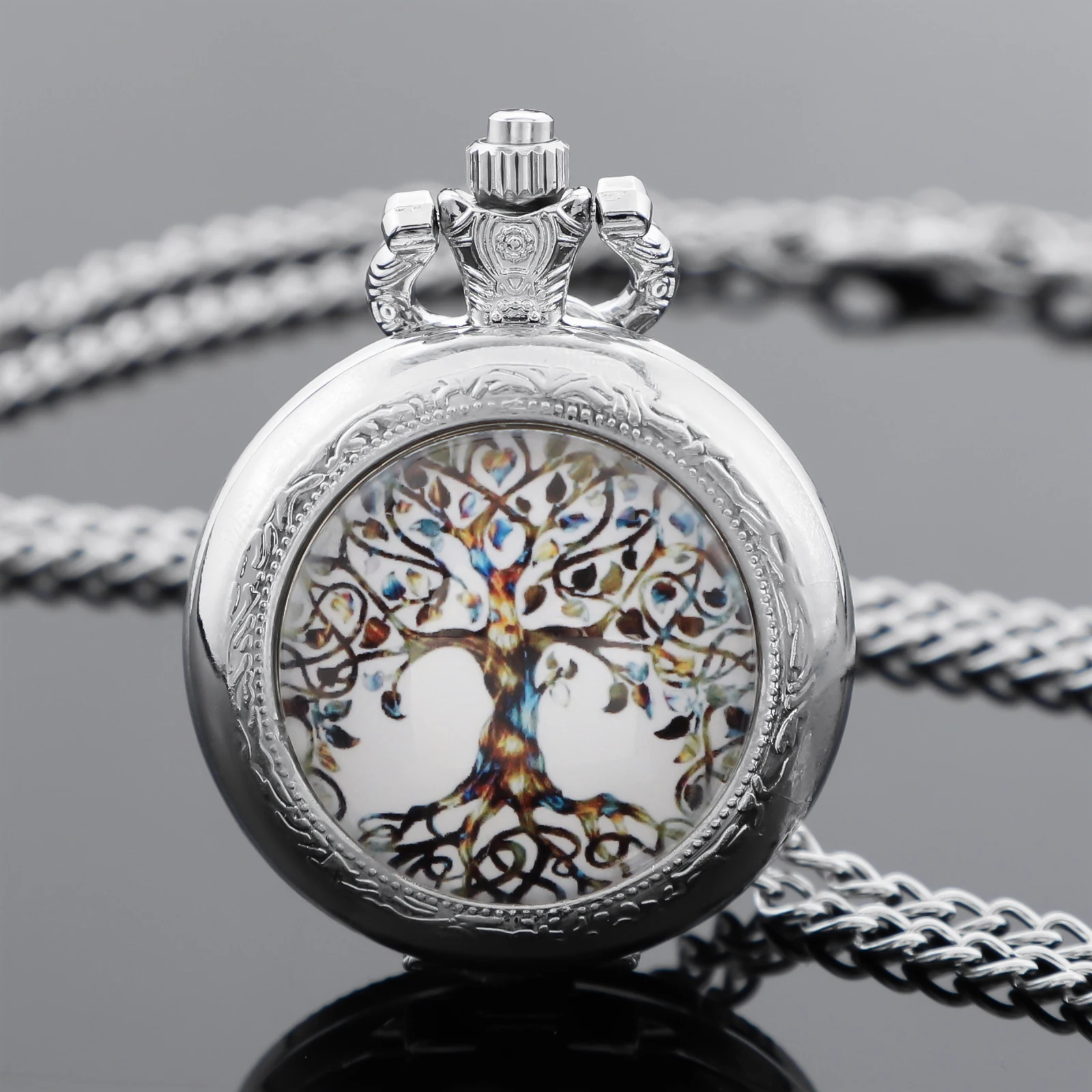 Personalised Fashion Silver Stainless Steel Tree of Life Glass Dome Quartz Pocket Watch Necklace Women Jewelry Pendant Chain